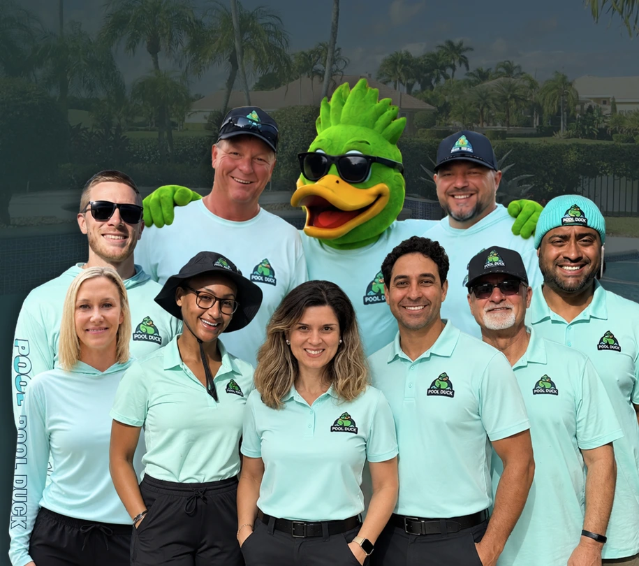 The Pool Duck team with their duck mascot